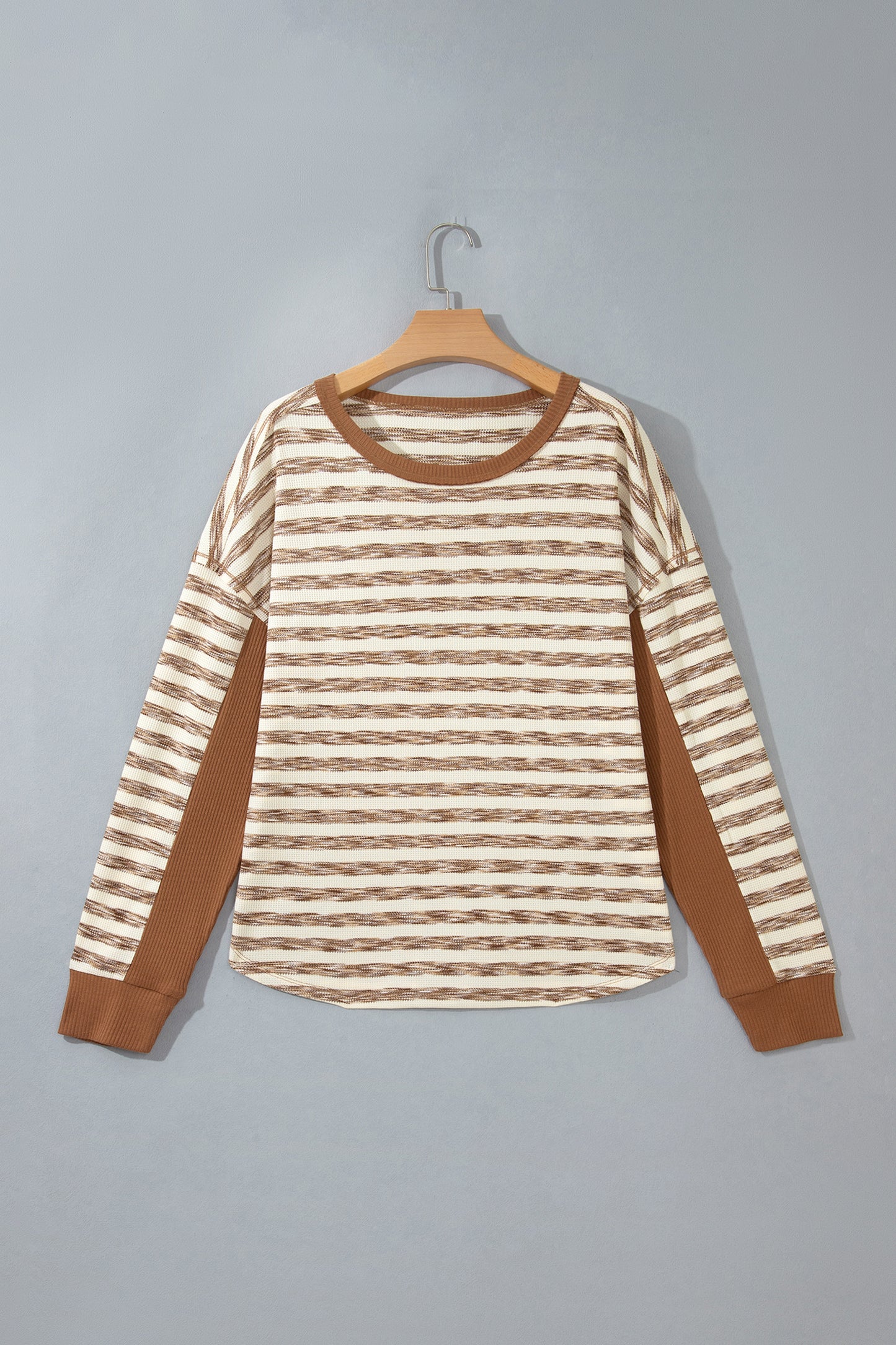 Brown Stripe Textured Knit Color Block Trim Long Sleeve Round Neck Top