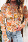 Multicolour Floral Print Lettuce Trim Slim Long Sleeve Top