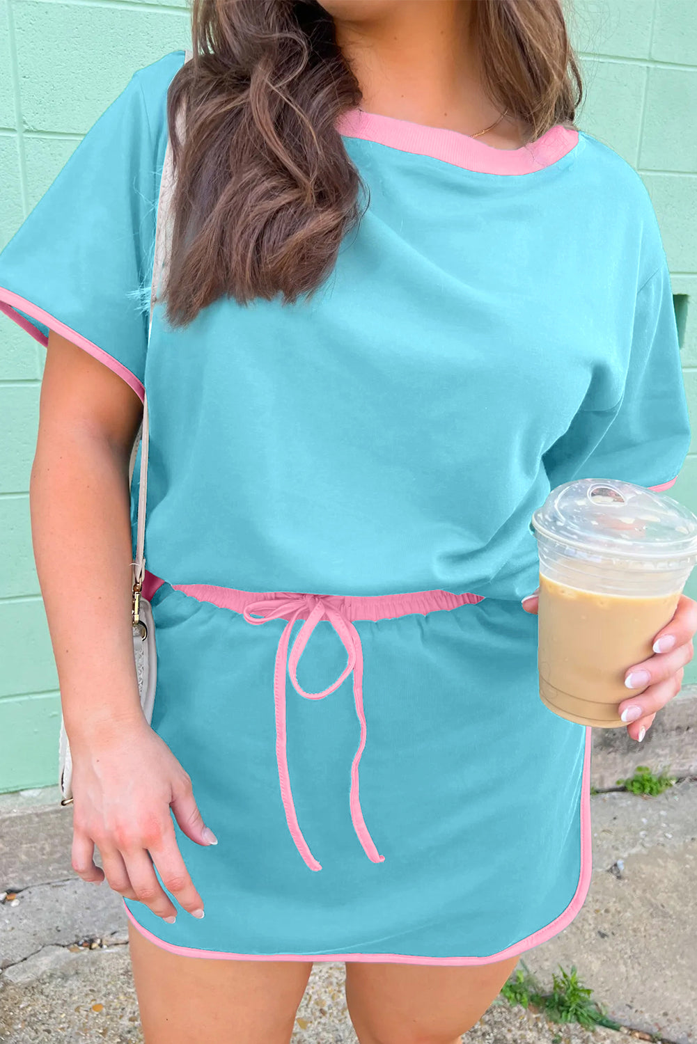 Bonbon Plus Size Contrast Trim T Shirt and Skirt Two Piece Set