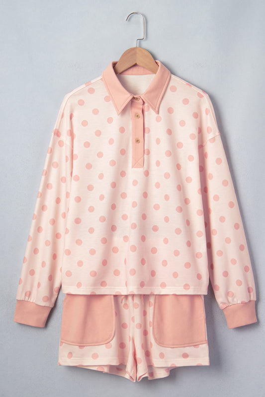 Pink Polka Dot Drop Shoulder Polo Loose Pullover Patch Pocket Casual Shorts Set