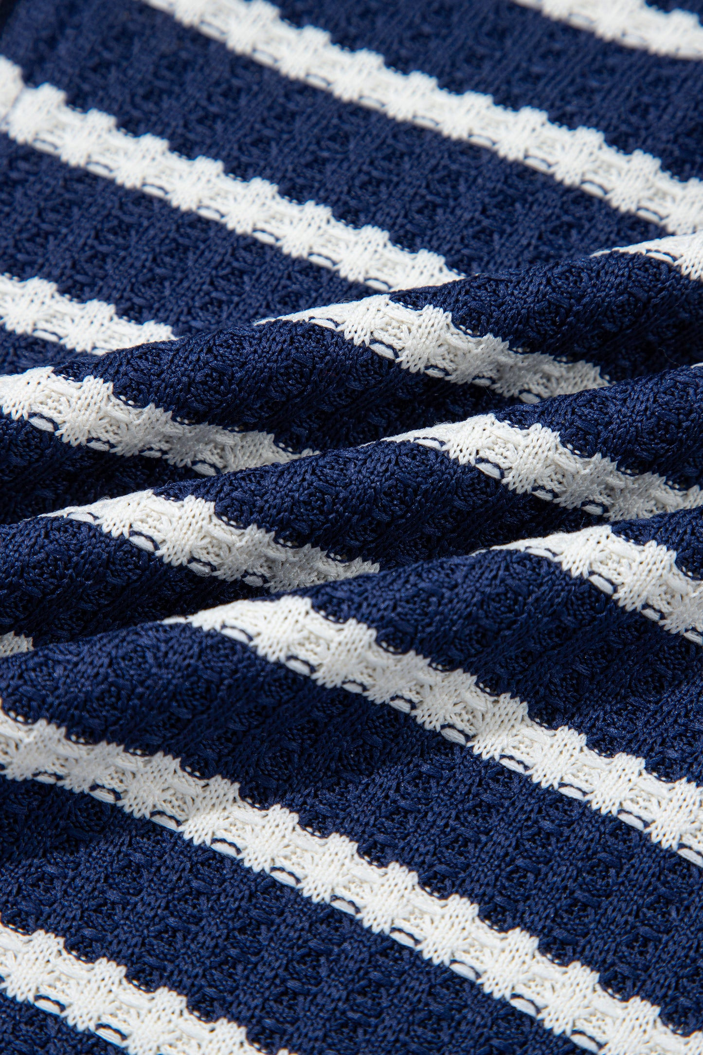 Blue Stripe Textured Knit Half Zip Collared Long Sleeve Top