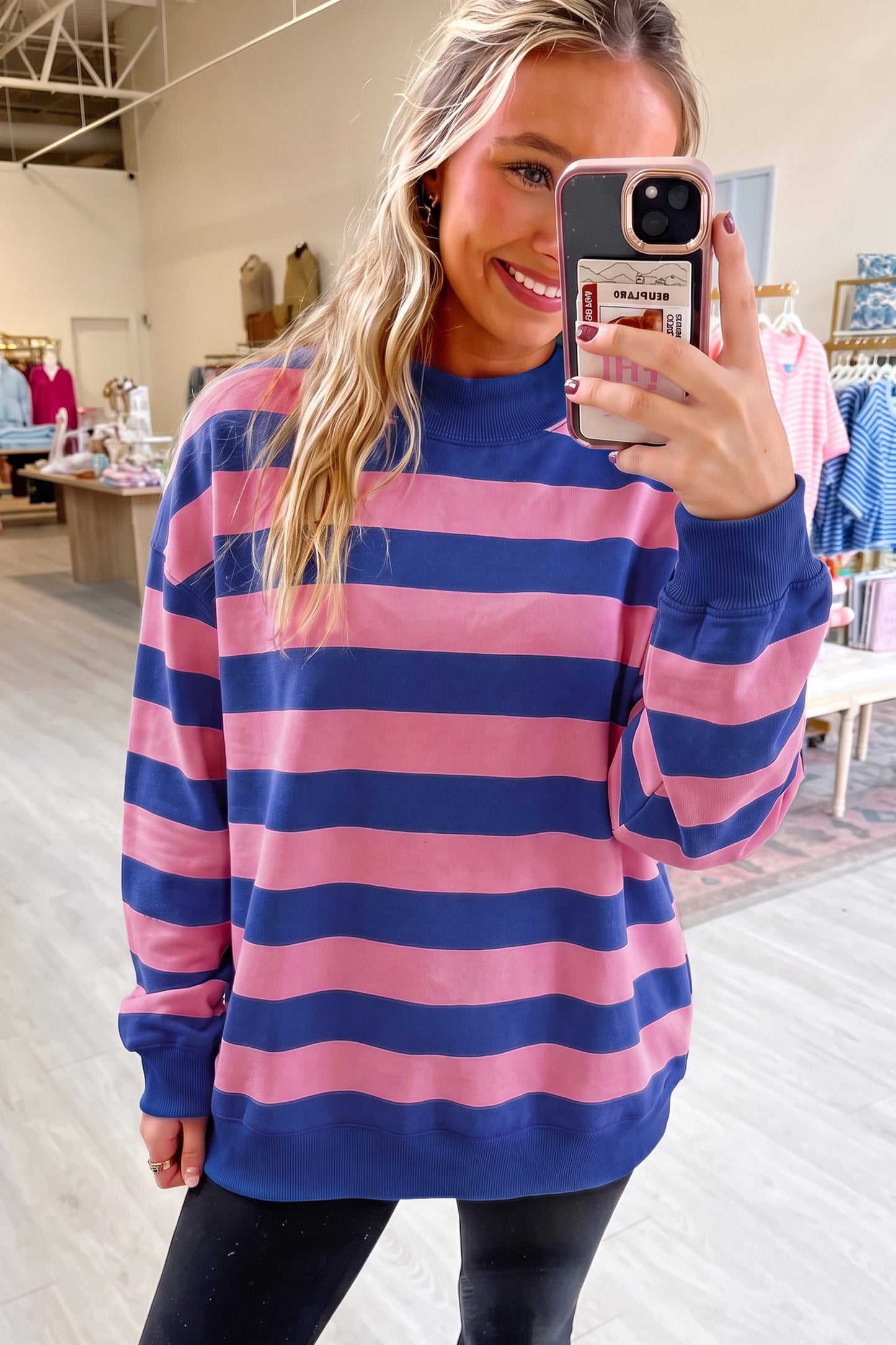 Brown Stripe Colorblock Mock Neck Relaxed Sweatshirt