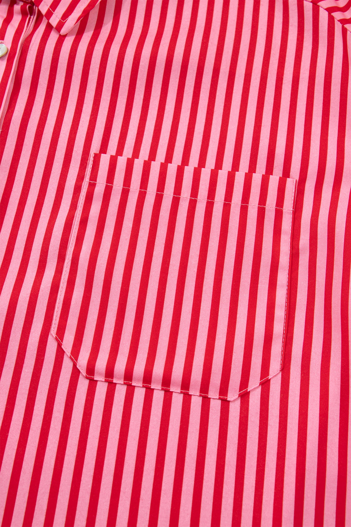 Red Stripe Button-Up Shirt Long Sleeve Patch Pocket Casual Shirt