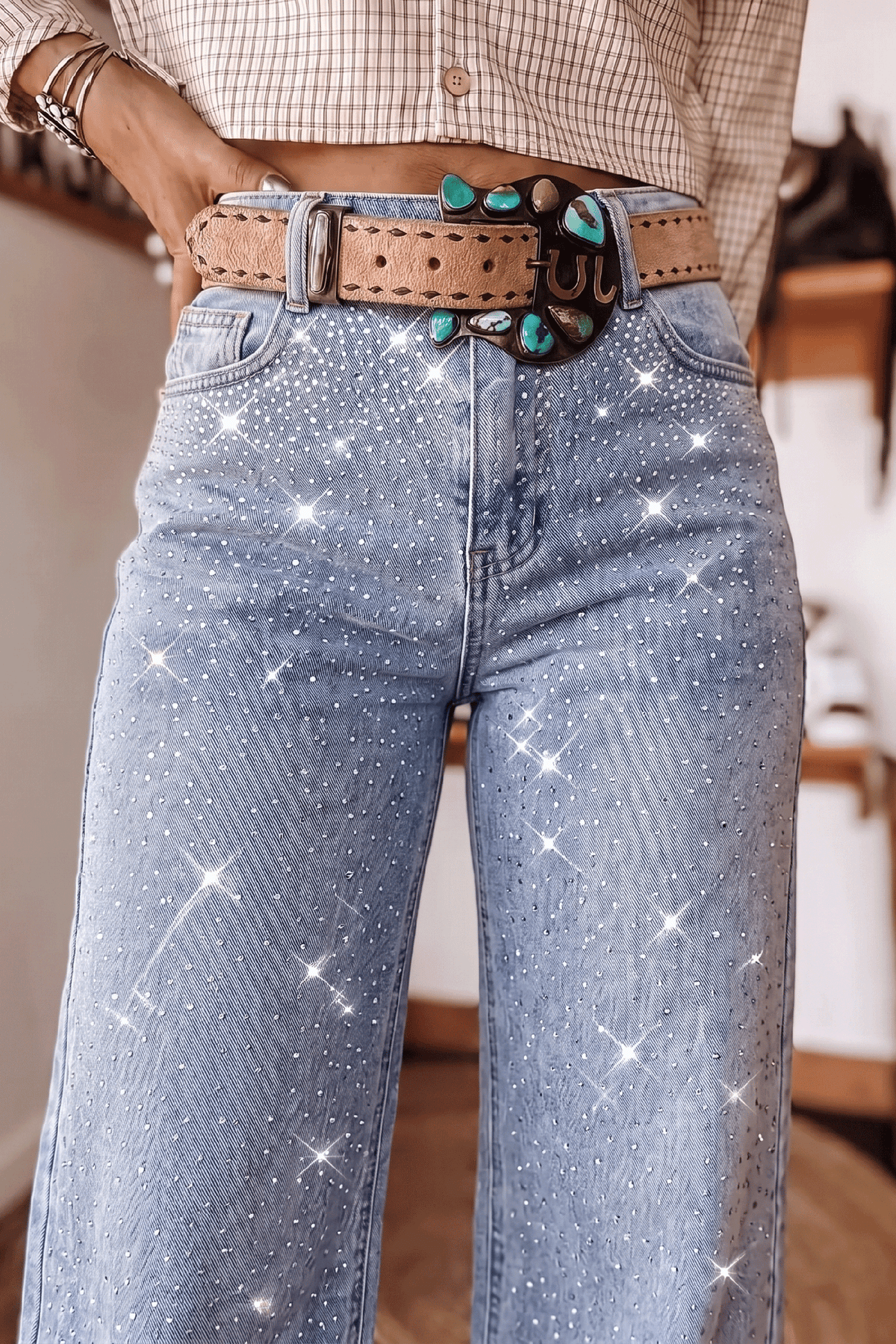 Beau Blue Sparkle Detail Western Casual Shift Jeans