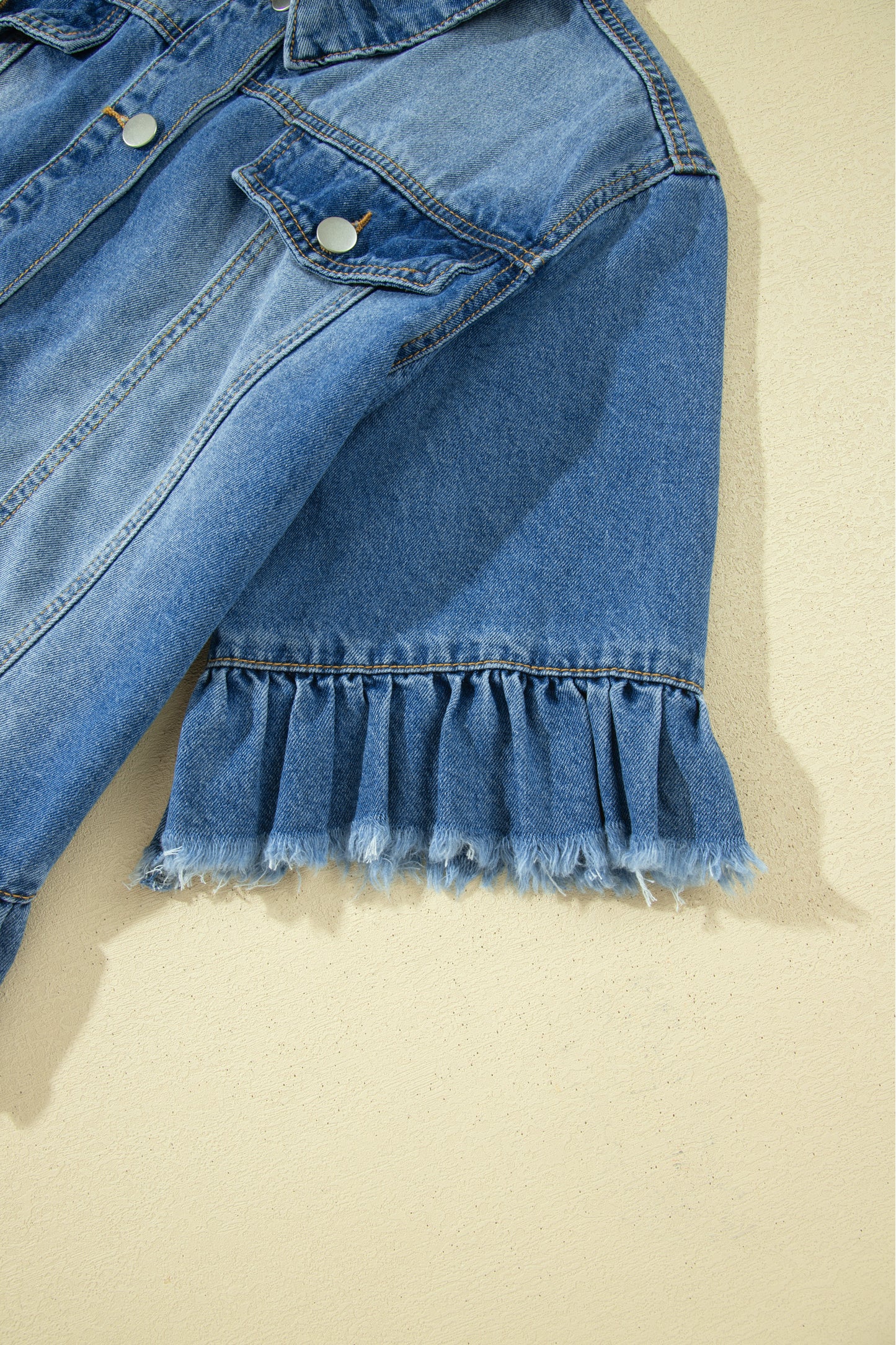 Blue Ruffle Hem Raw Edge Half Sleeve Western Denim Jacket
