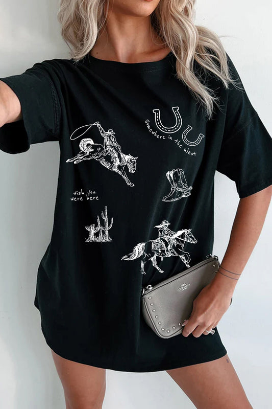 Black Western Cowboy Print Oversized Tunic Tee