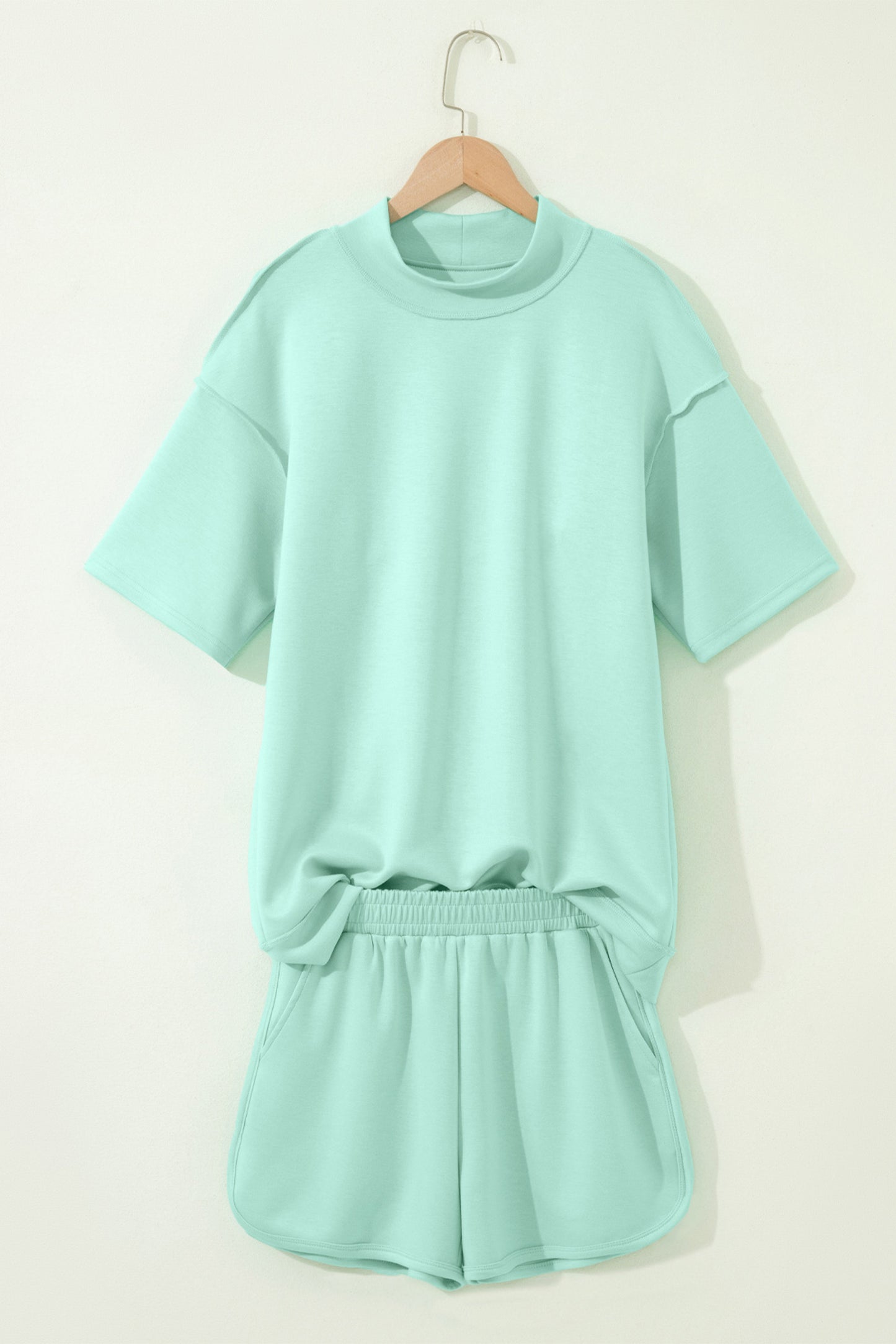 Yellow Cream Solid Color Exposed Seam Mock Neck Oversize Tee Casual Shorts 2pcs Outfit