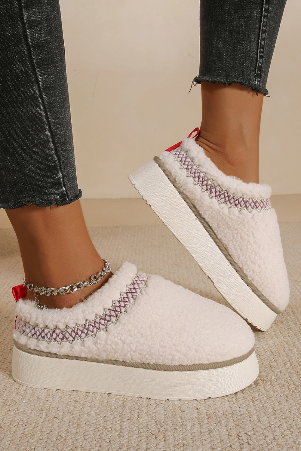 Chestnut Embroidered Sherpa Plush Thick Sole Snow Boots