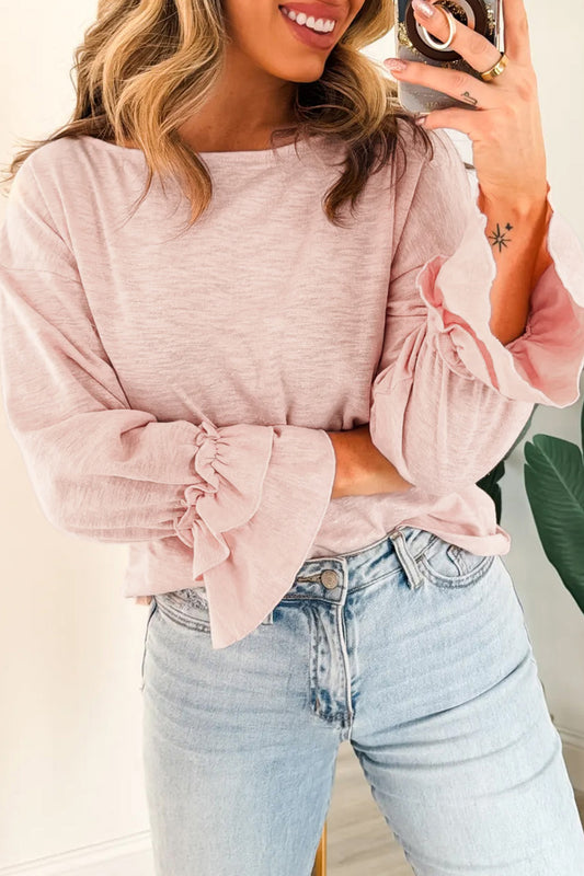 Gossamer Pink Ruffle Sleeve Long Sleeve Loose Pullover Top