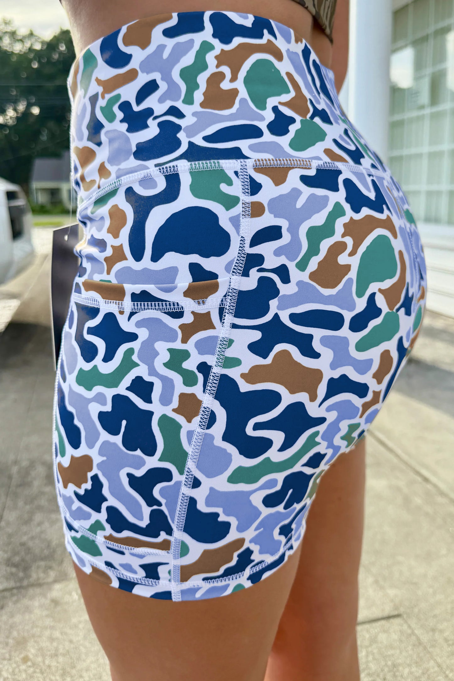 Blue Abstract Camo Printed Seam Detail Biker Shorts