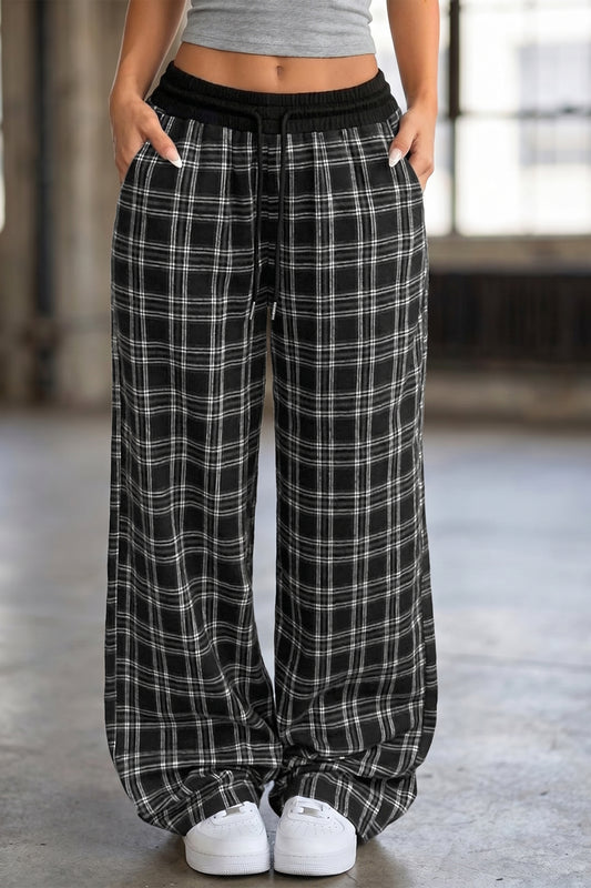 Black Frenchy Plaid Pattern Contrast Drawstring Waist Wide Leg Pants