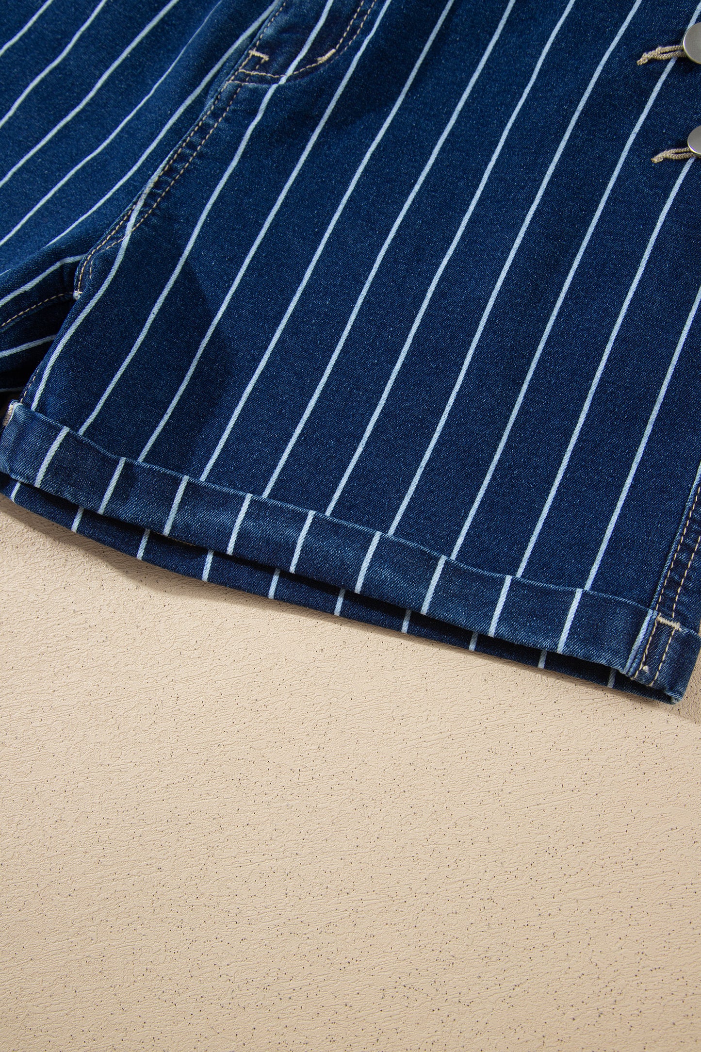 Blue Stripe Metal Button Detail Womens Denim Shorts