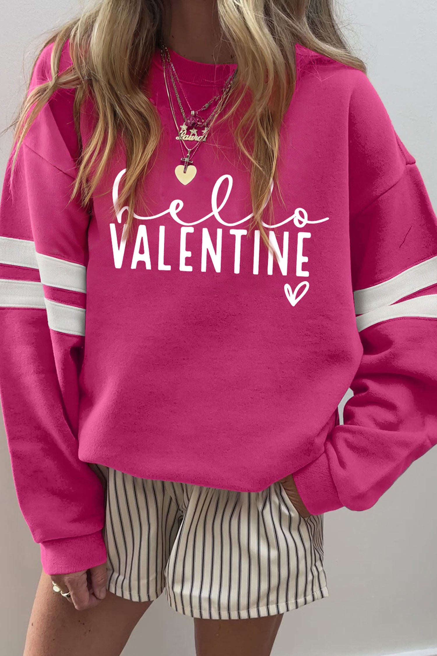 Rose Red Hello Valentine Varsity Striped Sleeve Baggy Sweatshirt