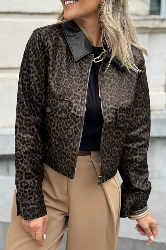 Multicolour Leopard Print Colorblock Collar Metal Placket Jacket