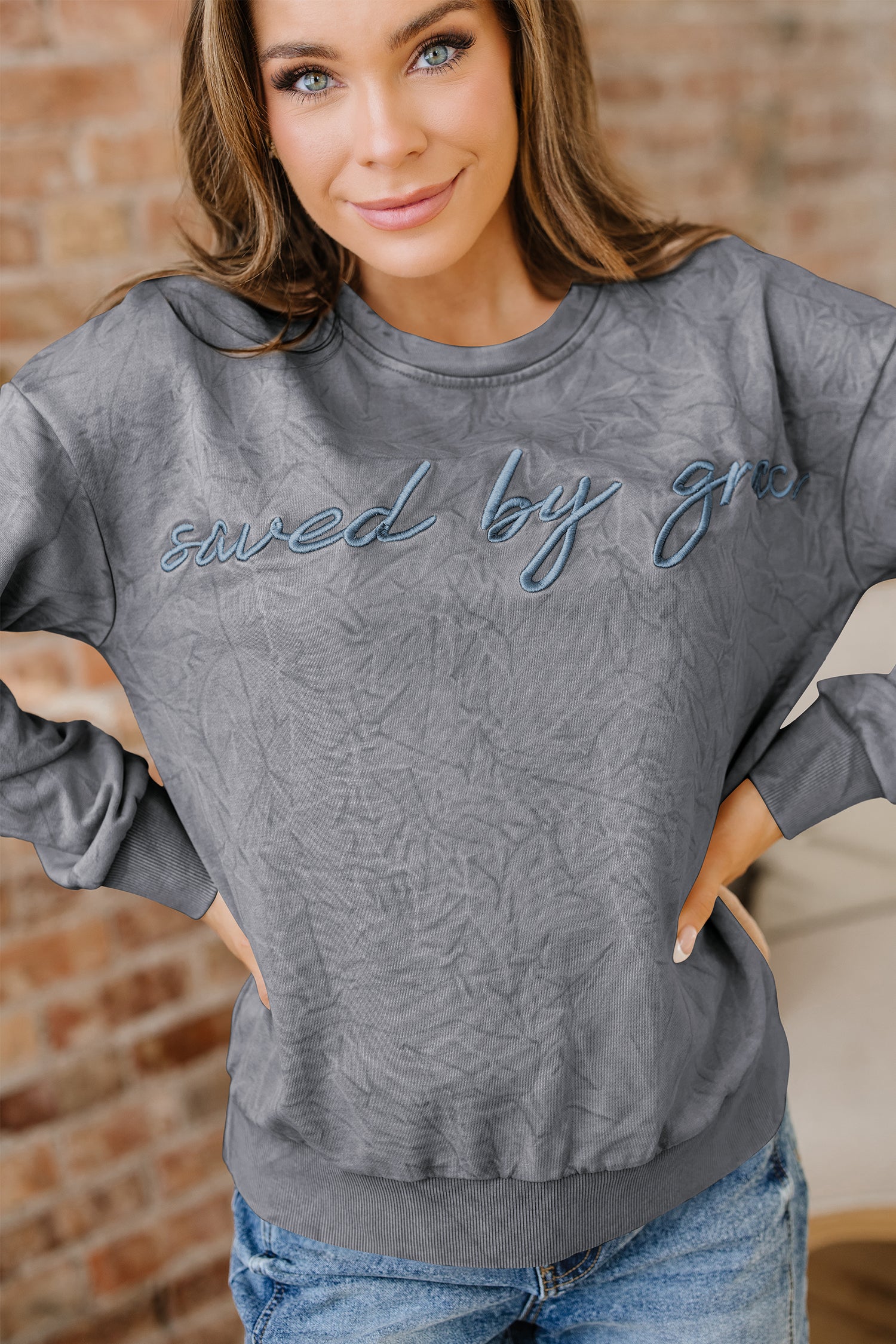DUNE saved by grace Letter Embroidery Mineral Wash Loose Sweatshirt
