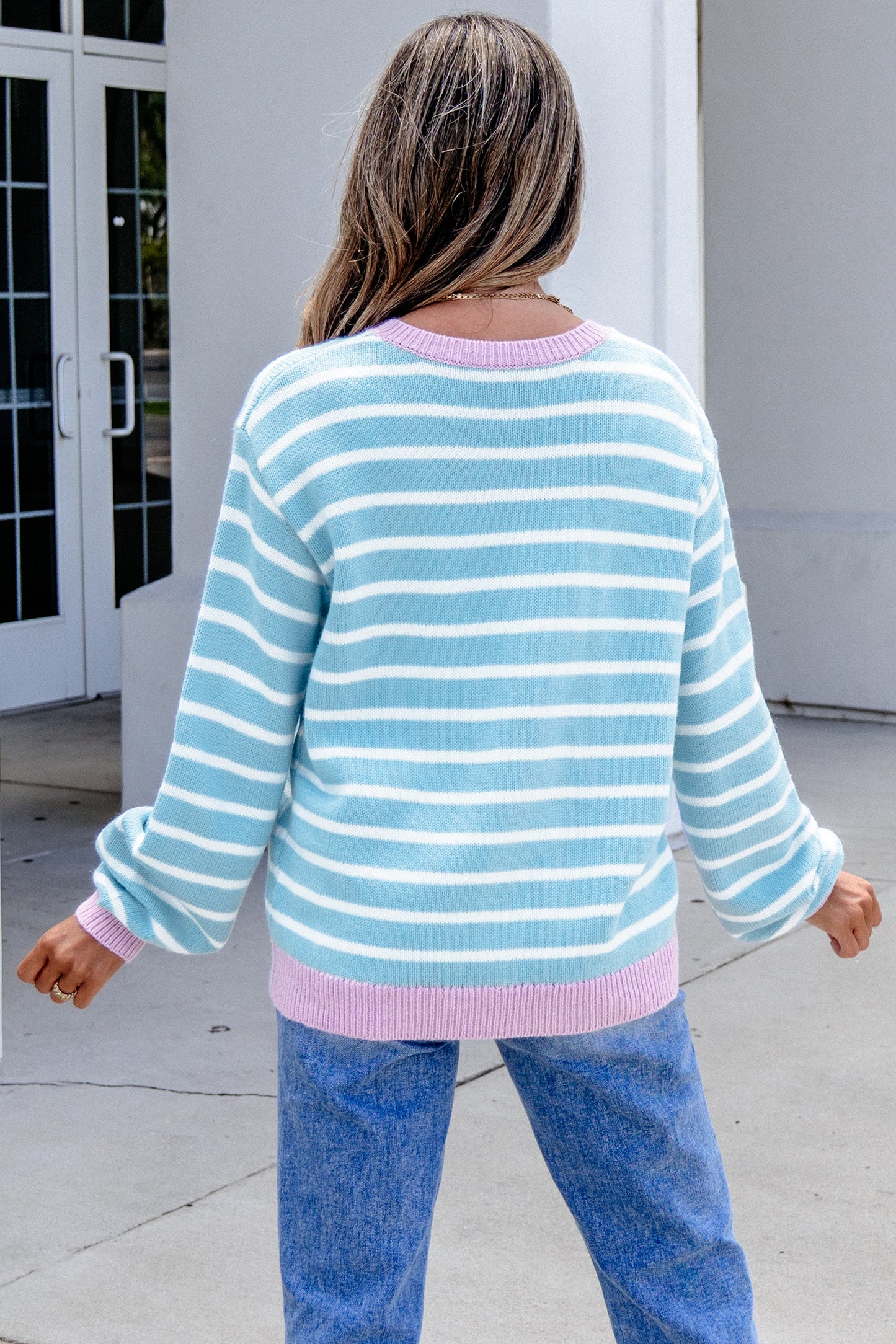 Sky Blue Stripe Contrast Trim Button Down Casual Sweater Cardigan