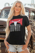 Black Western HOWDY Steer Head Print Side Slits Loose Fit T Shirt