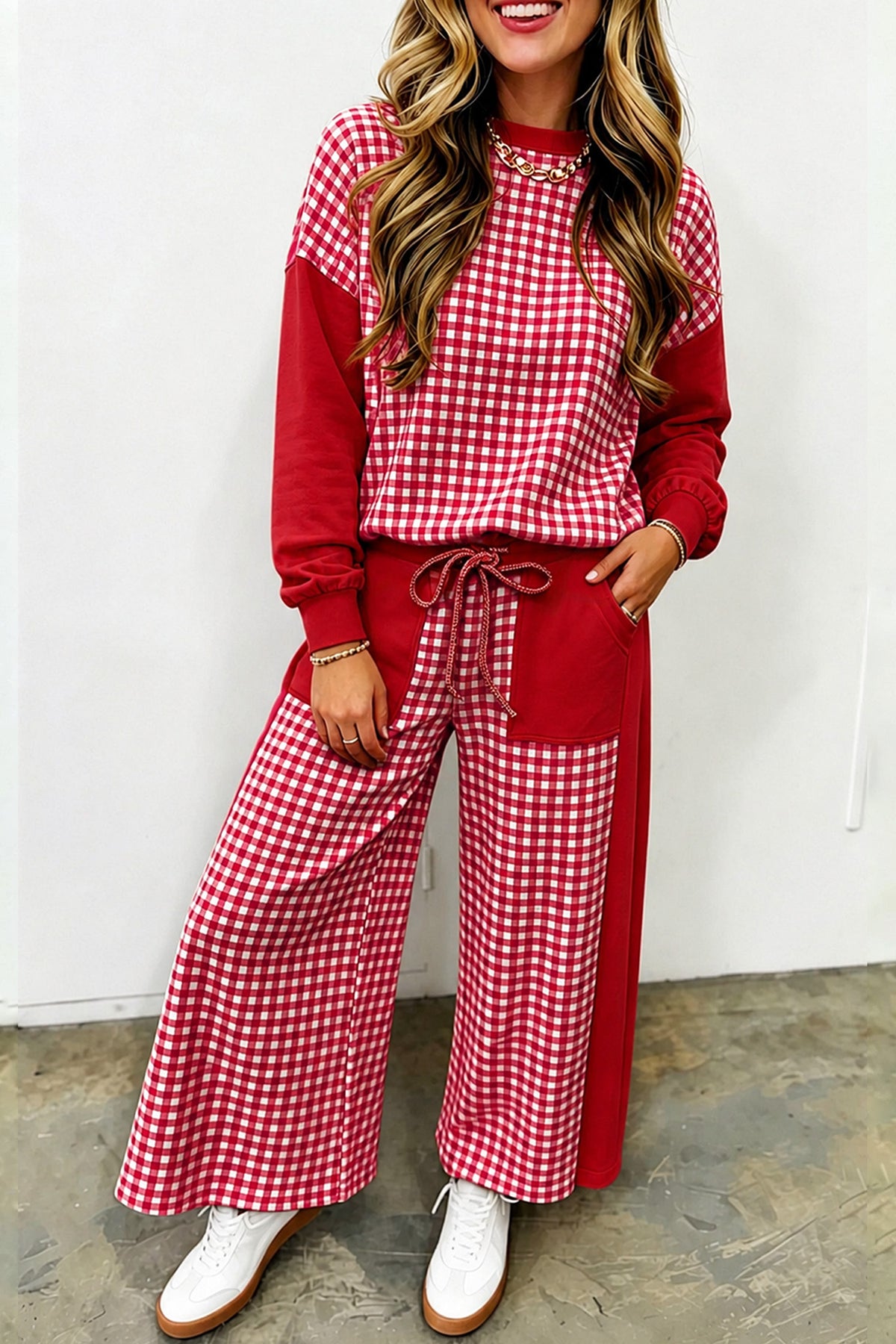 Khaki Color Block Plaid Patchwork Long Sleeve Pullover Wide Leg Pant Set