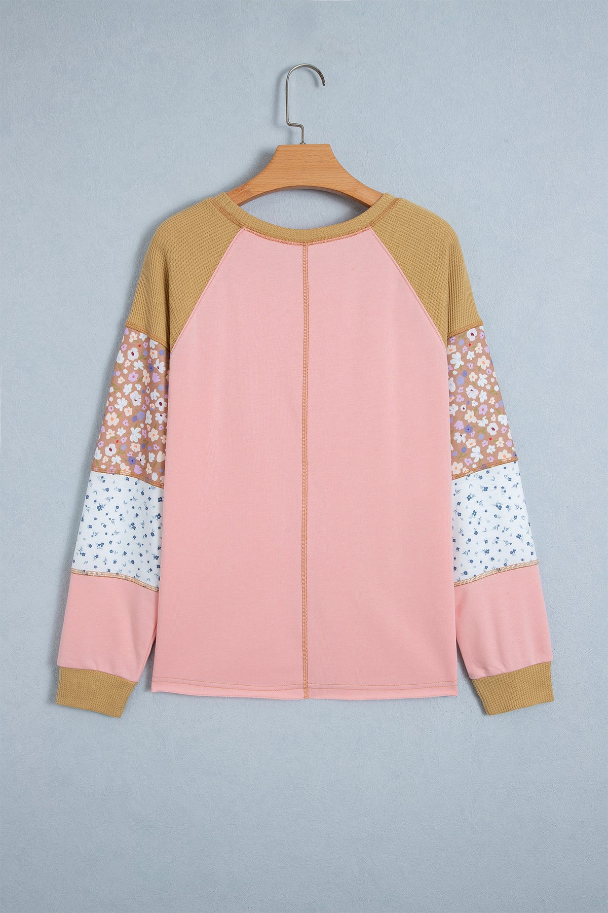 Light Grey Color Block Floral Waffle Mixed Patchwork Long Sleeve Top
