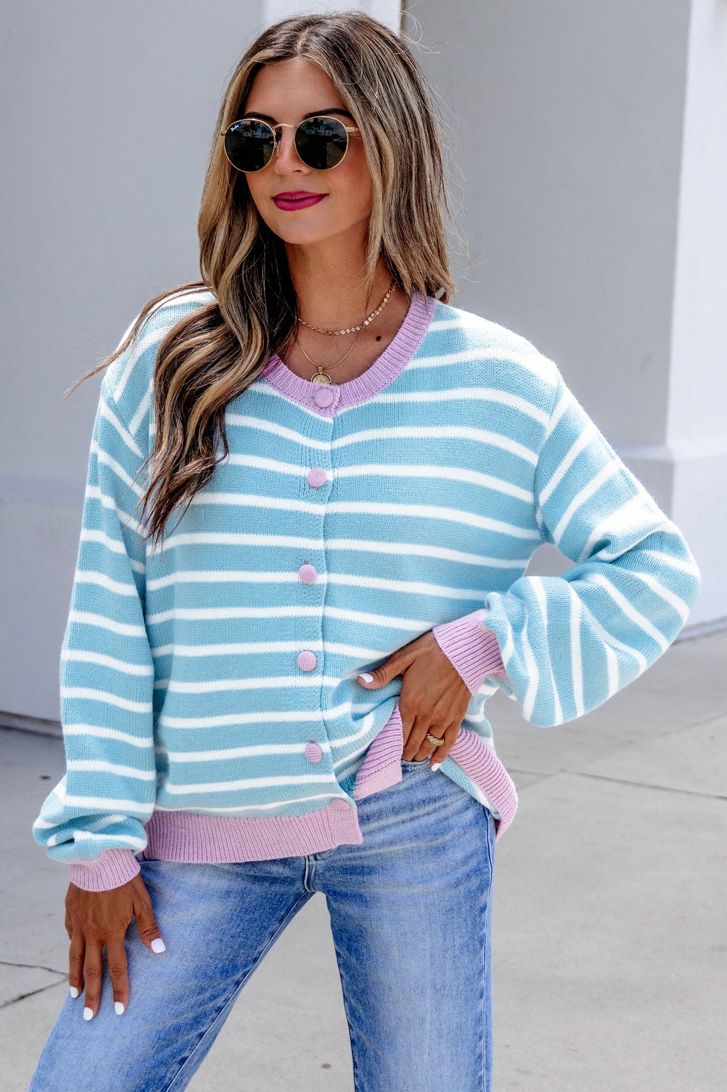 Sky Blue Stripe Contrast Trim Button Down Casual Sweater Cardigan