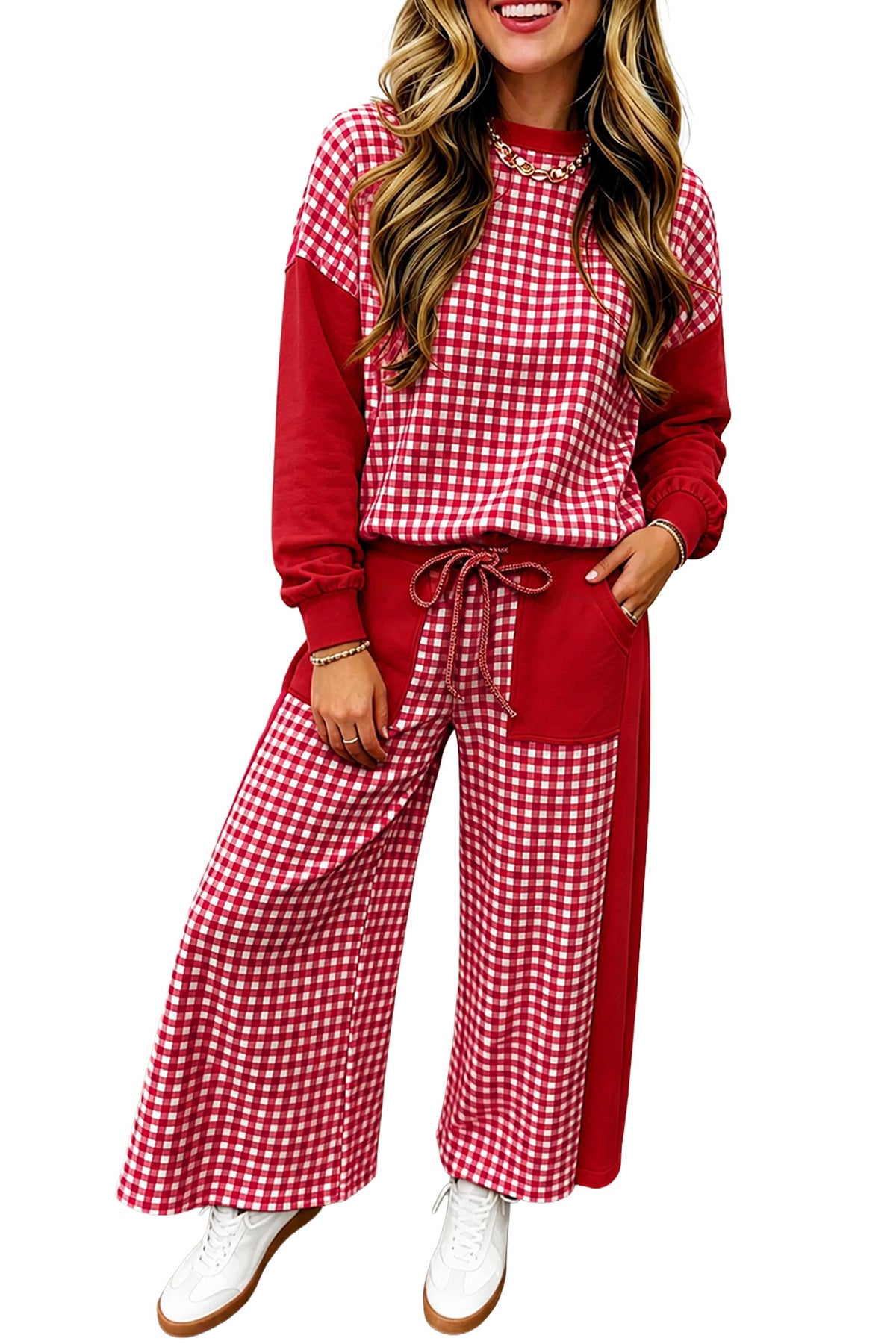 Khaki Color Block Plaid Patchwork Long Sleeve Pullover Wide Leg Pant Set