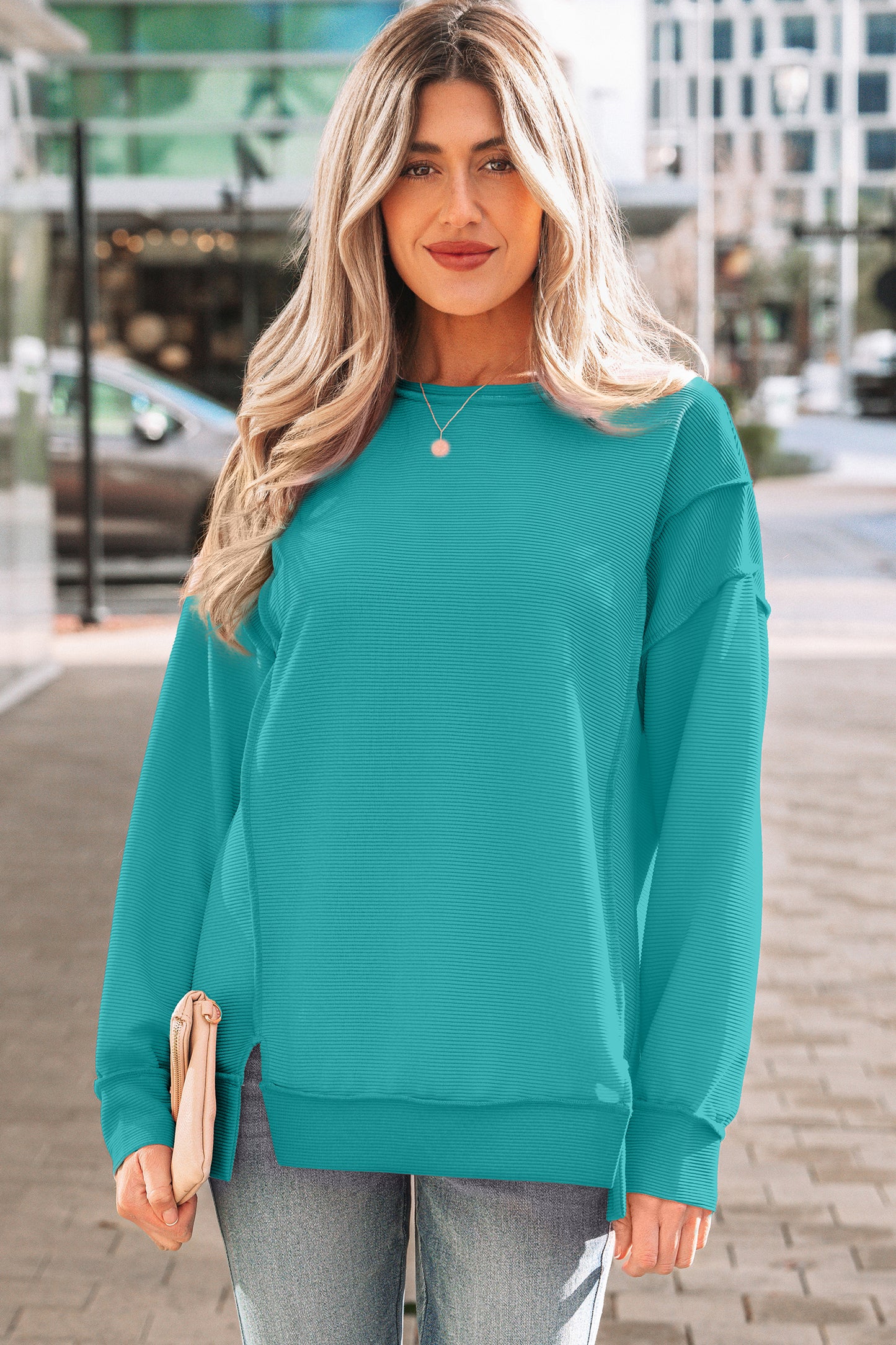 Pink Horizontal Ribbed Exposed Seam Detail Drop Shoulder Baggy Pullover