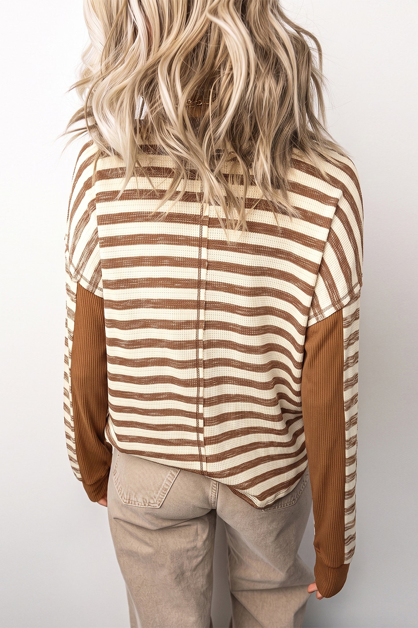 Brown Stripe Textured Knit Color Block Trim Long Sleeve Round Neck Top