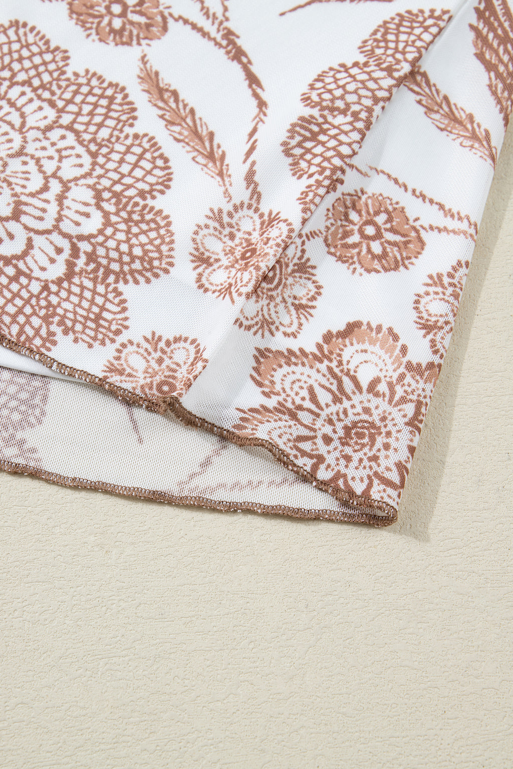 Brown Thumbhole Long Sleeve Floral Print Mesh Top