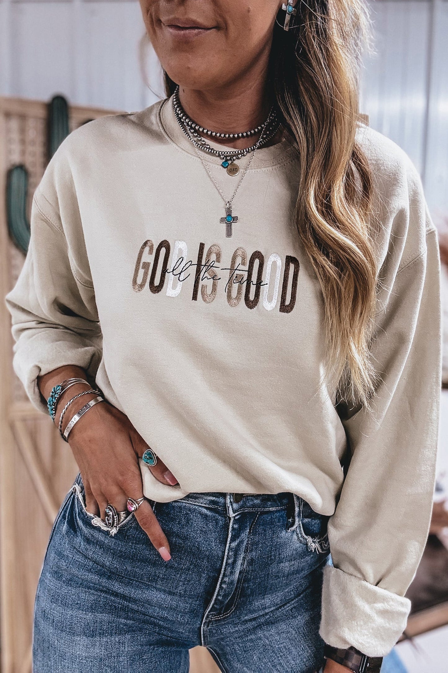 Jet Stream GOD IS GOOD Western Embroidered Letter Crewneck Pullover Sweatshirt