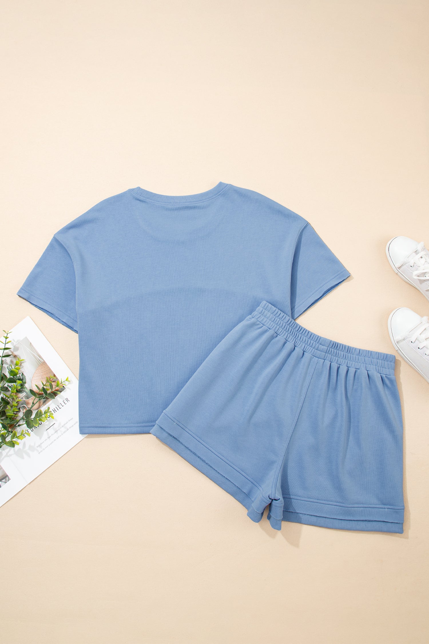 Jet Stream Solid Color Contrast Textured Patchwork Raw Edge 2pcs Short Set