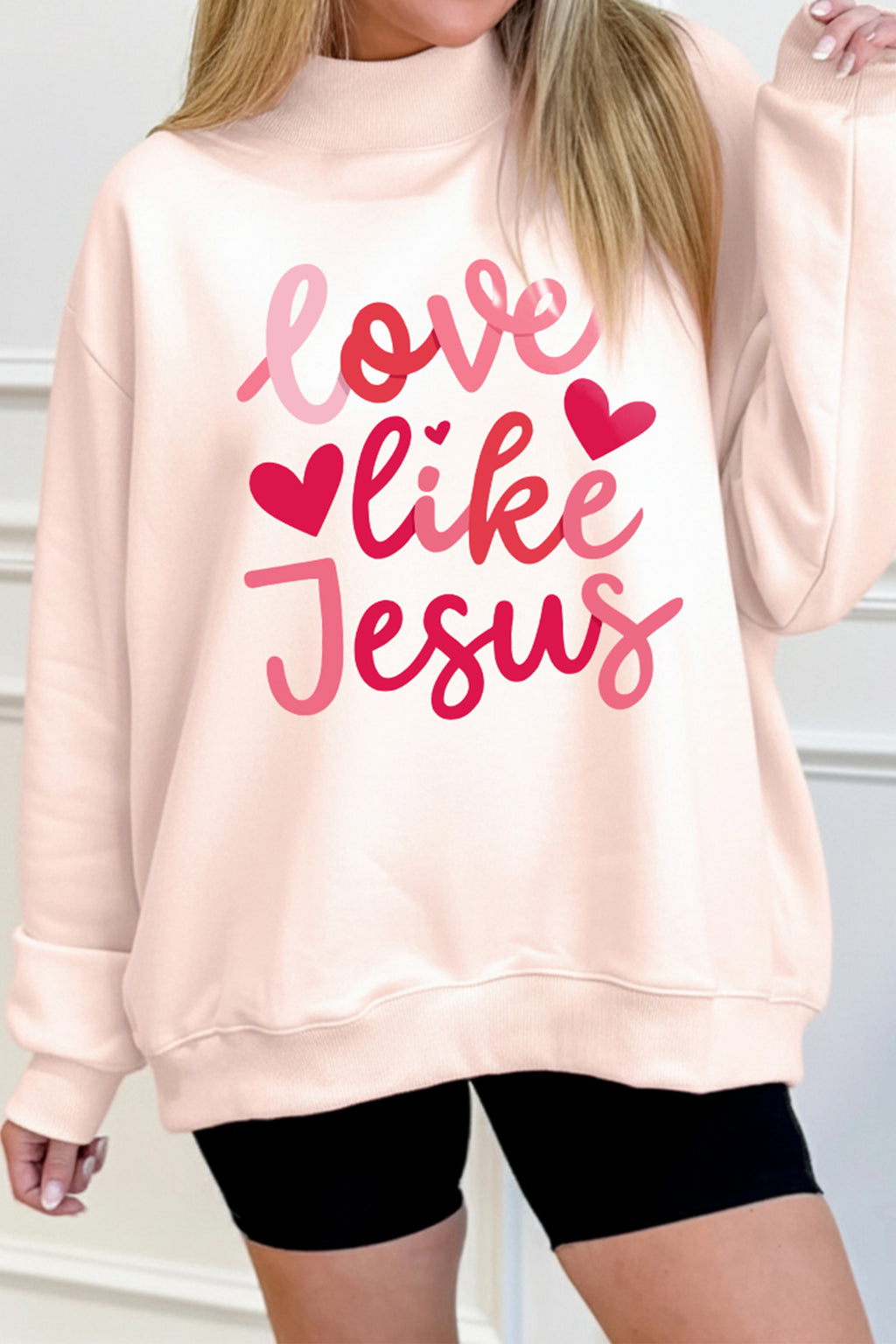 Light Pink love like Jesus Valentines Day Mock Neck Sweatshirt