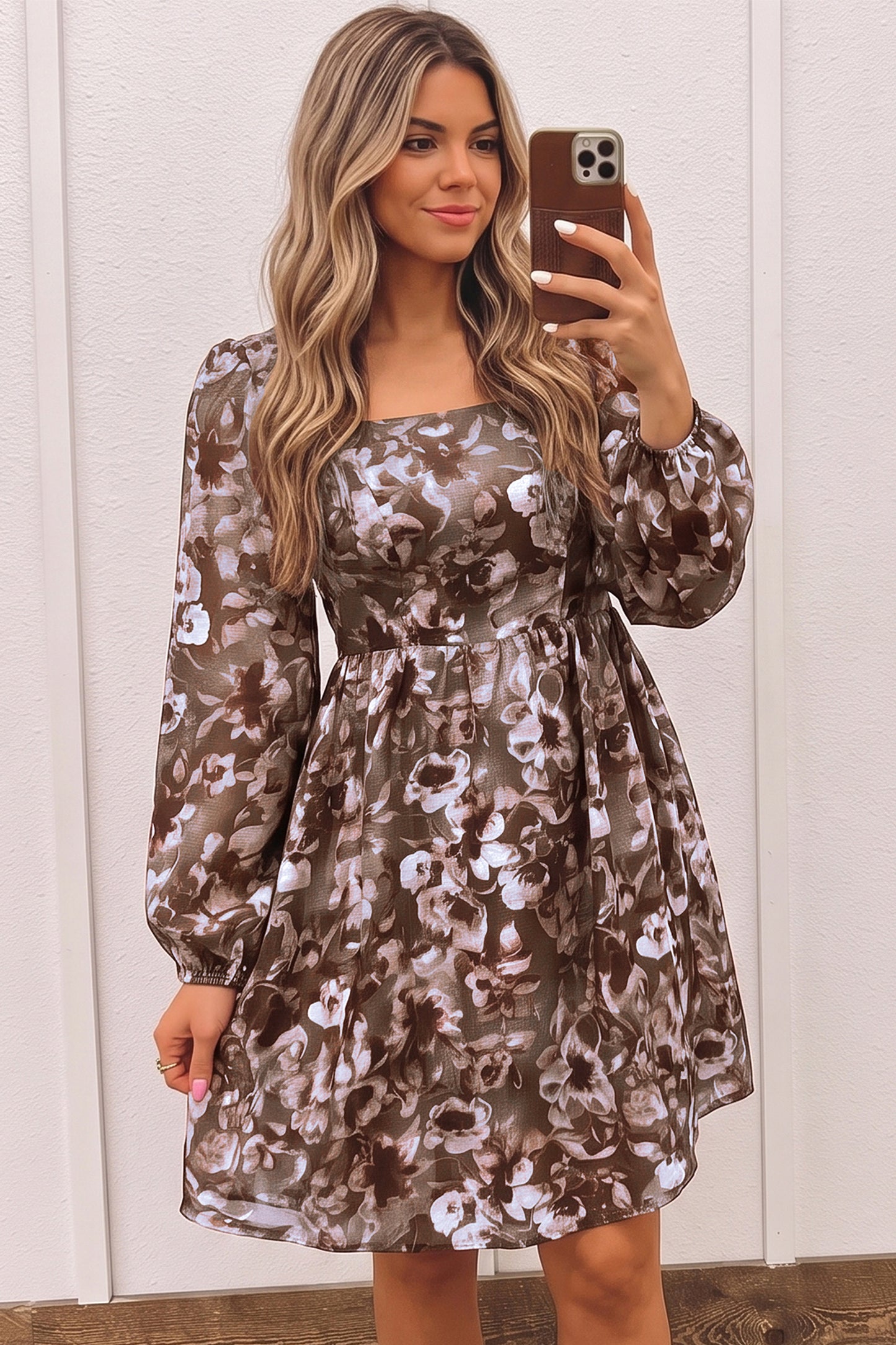 Brown Abstract Floral Print Square Neck Long Sleeve Mini Shift Dress
