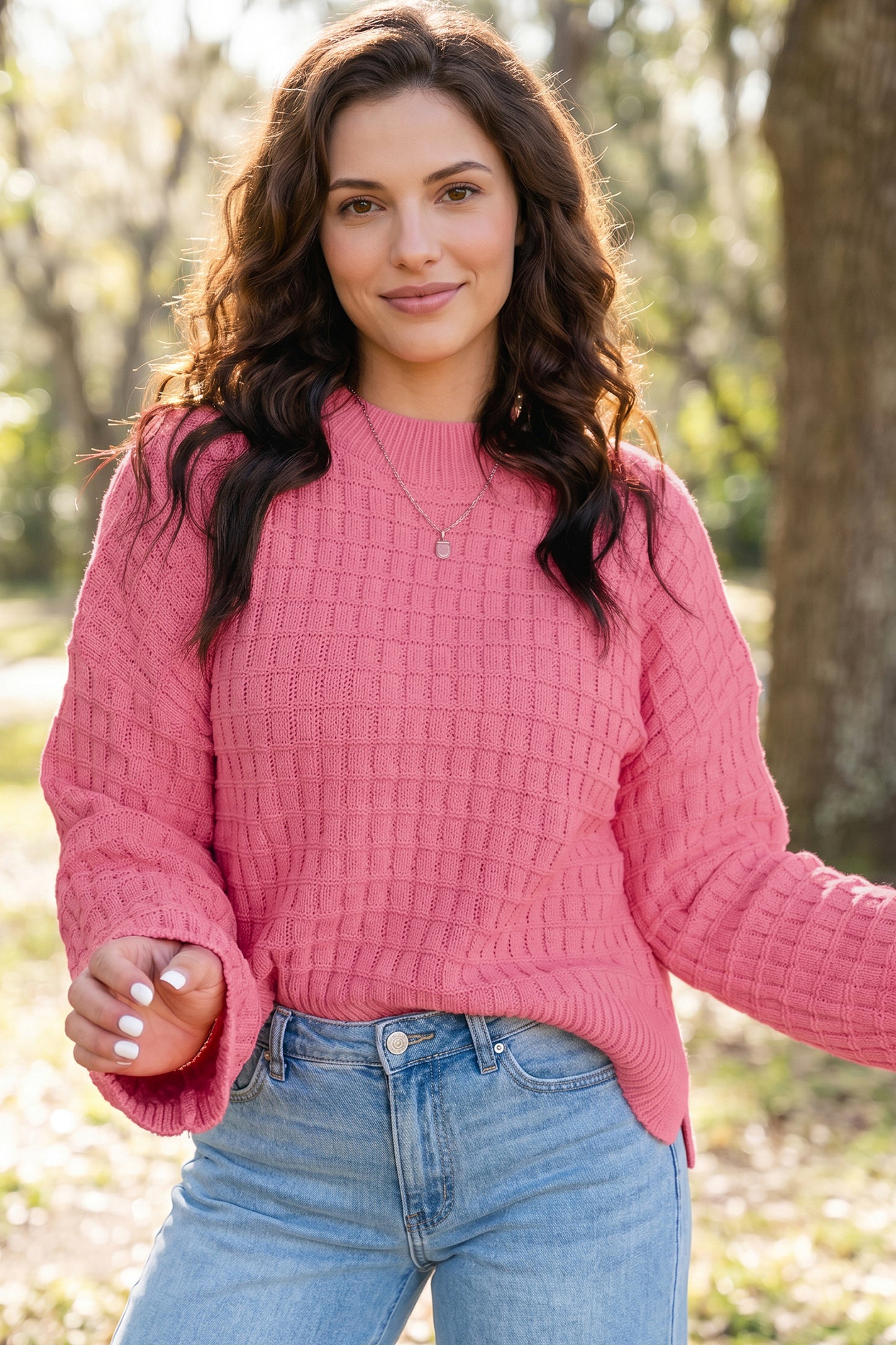 Peach Blossom Drop Shoulder Long Sleeve Knit Regular Fit Sweater