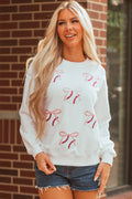 White Sequin Bow Baseball Patched Casual Sweatshirt