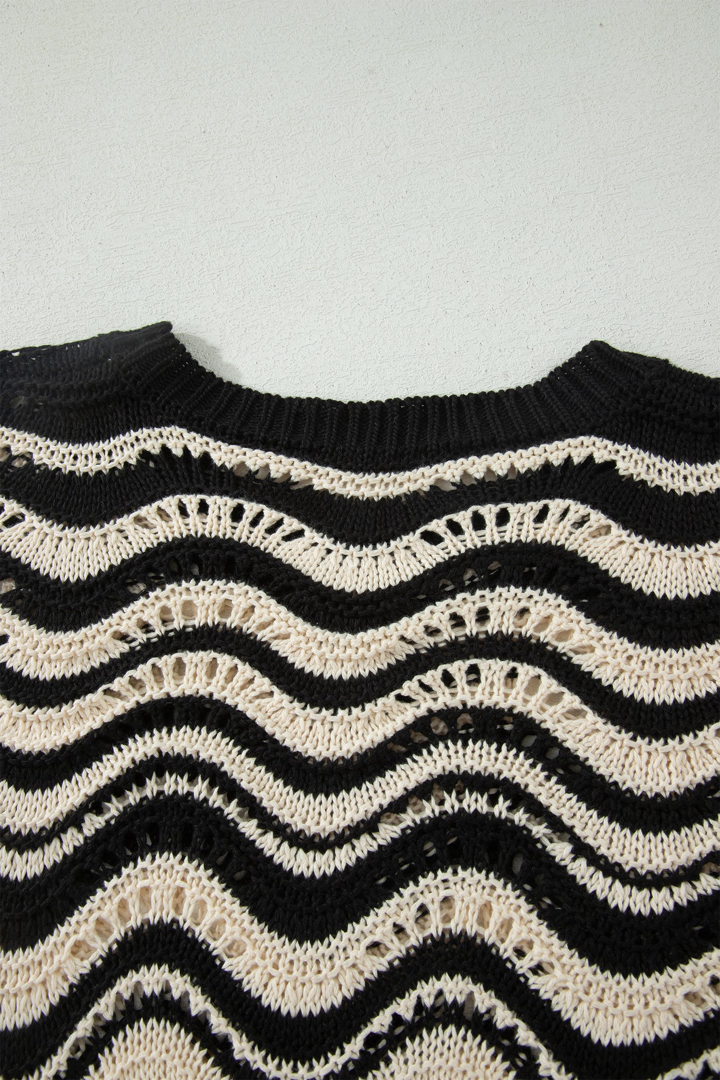 Beige Stripe Wavy Crochet Eyelet Detail Ruffle Half Sleeve Sweater