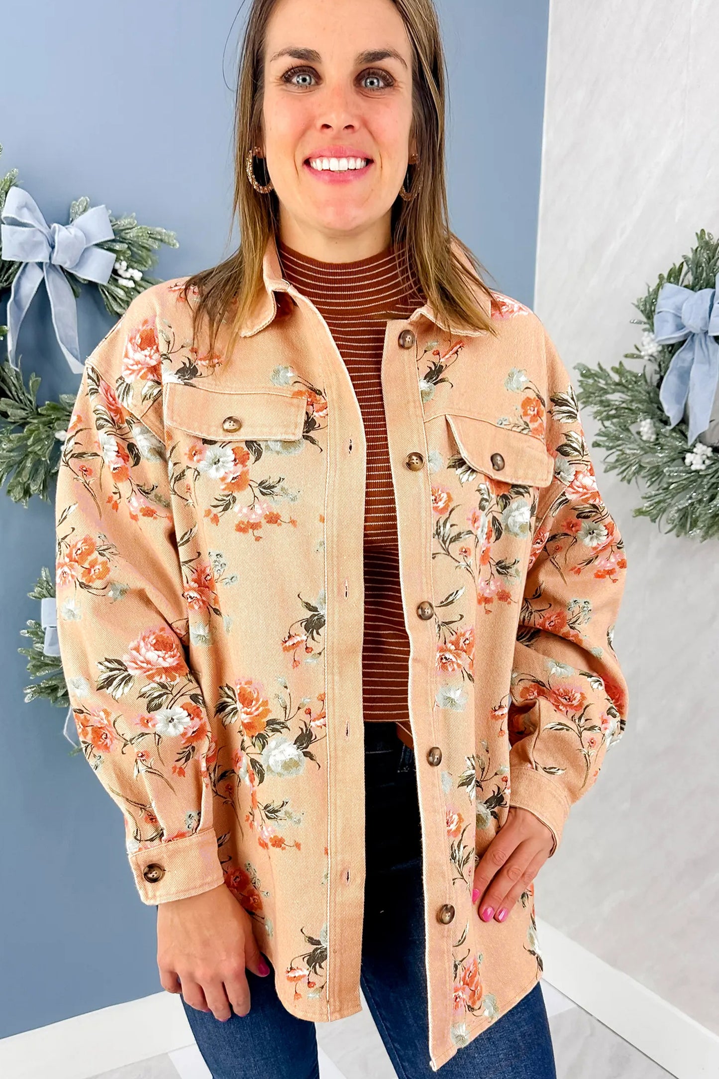 Khaki Floral Print Long Sleeve Denim Jacket Shift Silhouette Tunic Length Casual Daily Wear