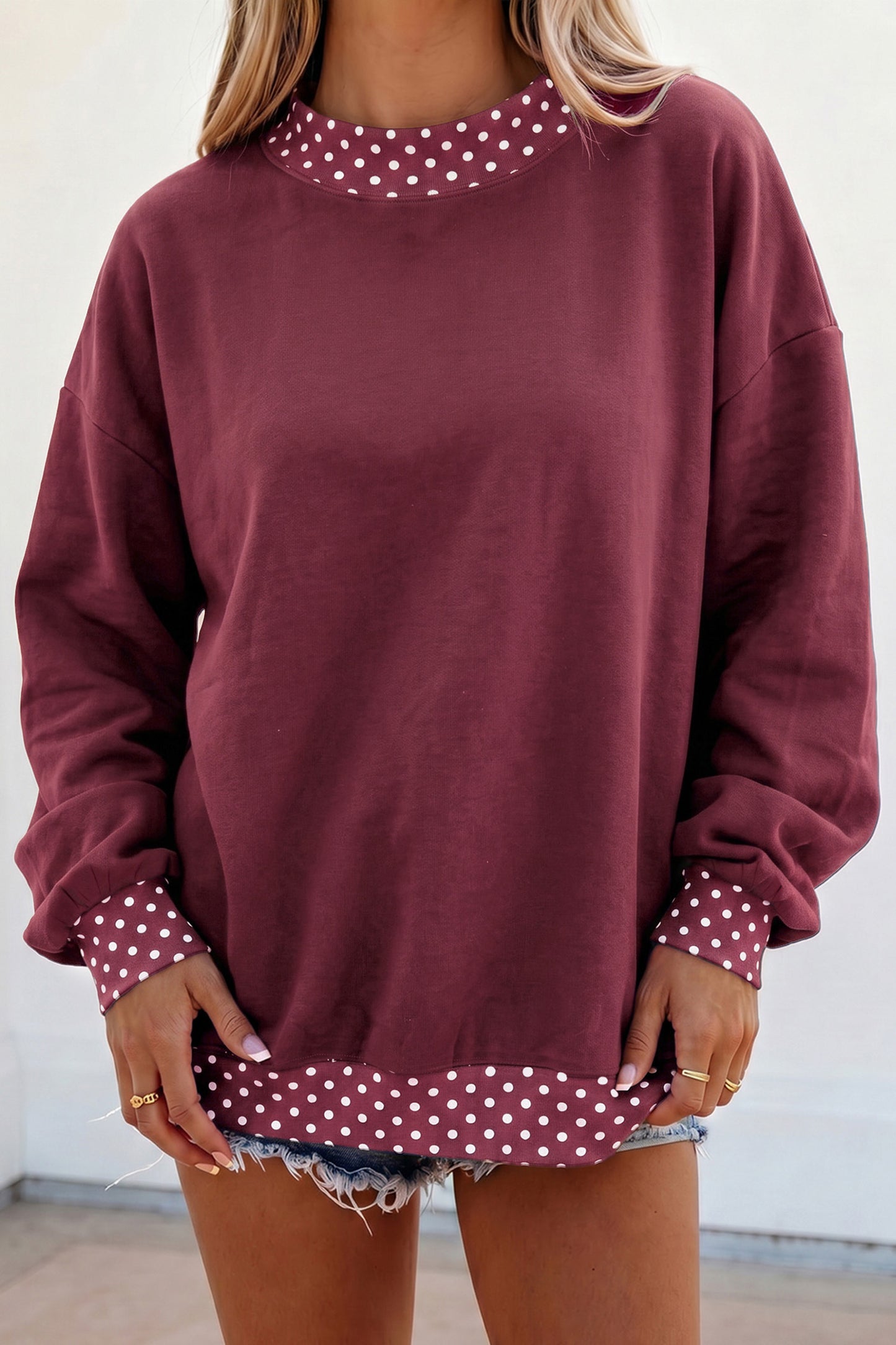 Burgundy Colorblock Polka Dot Contrast Trim Oversized Sweatshirt