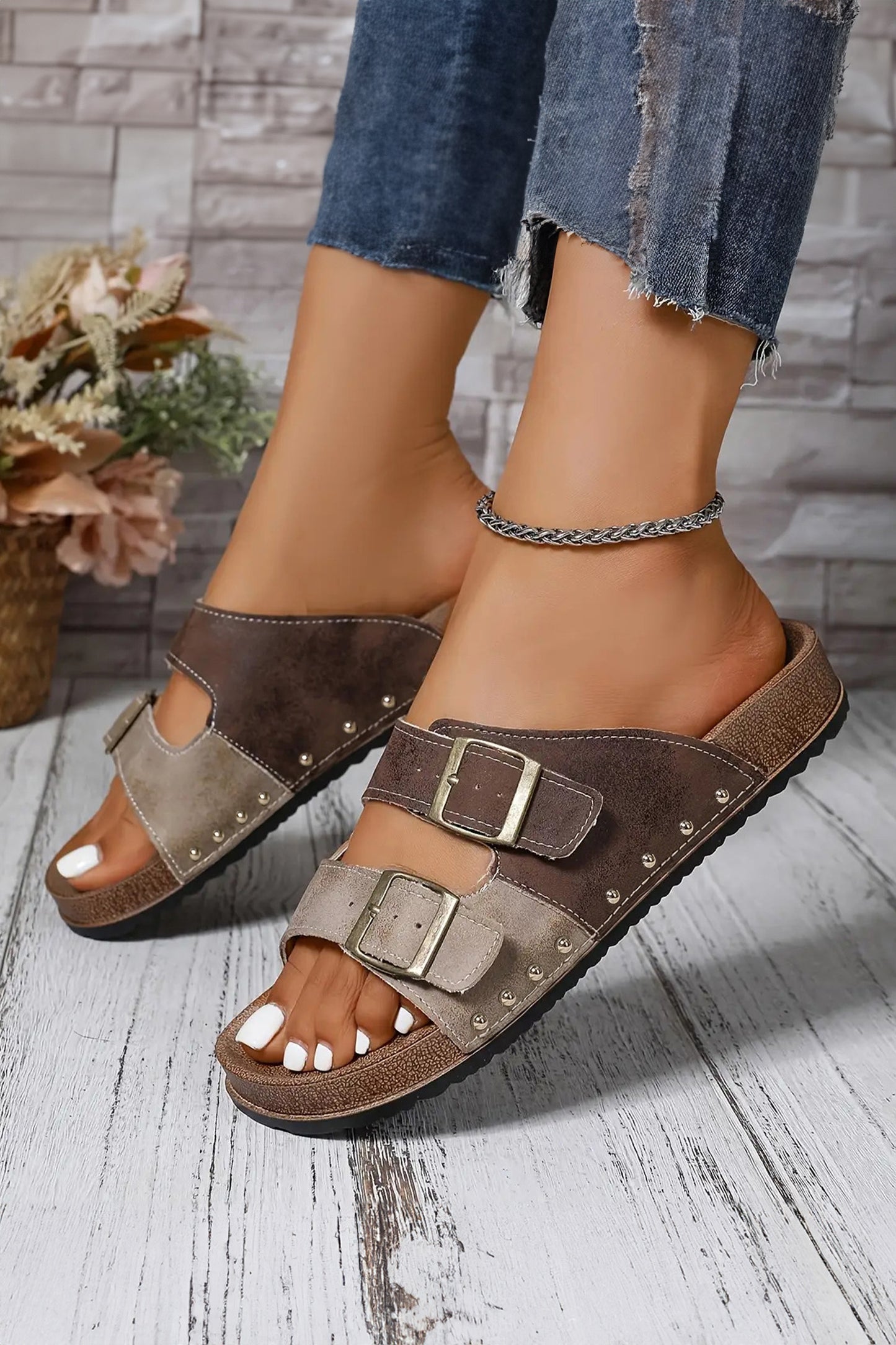 Light Blue Leopard Two-tone Retro Buckle Straps Hollowed Faux Suede Slippers