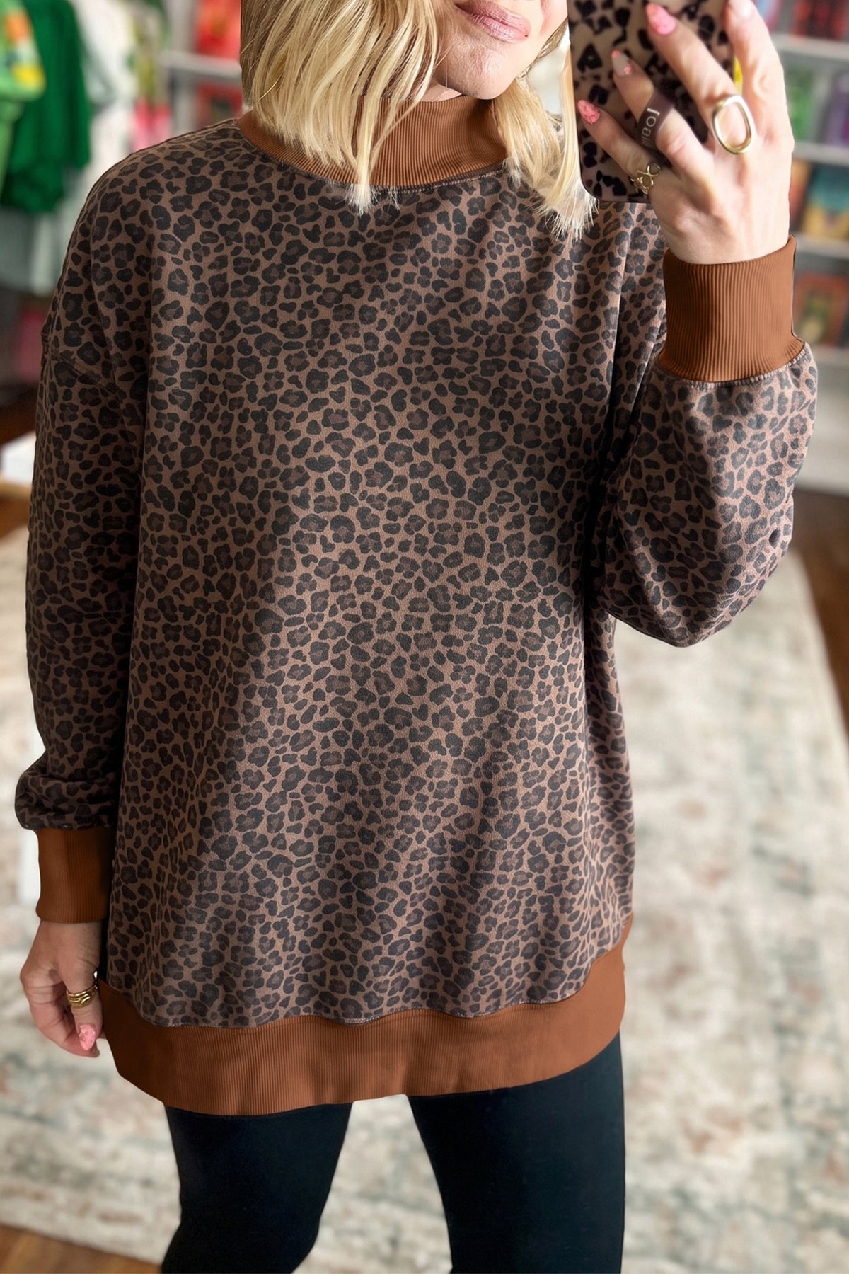 Multicolour Leopard Print High Neck Long Sleeve Ribbed Cuffs Hem Sweatshirt