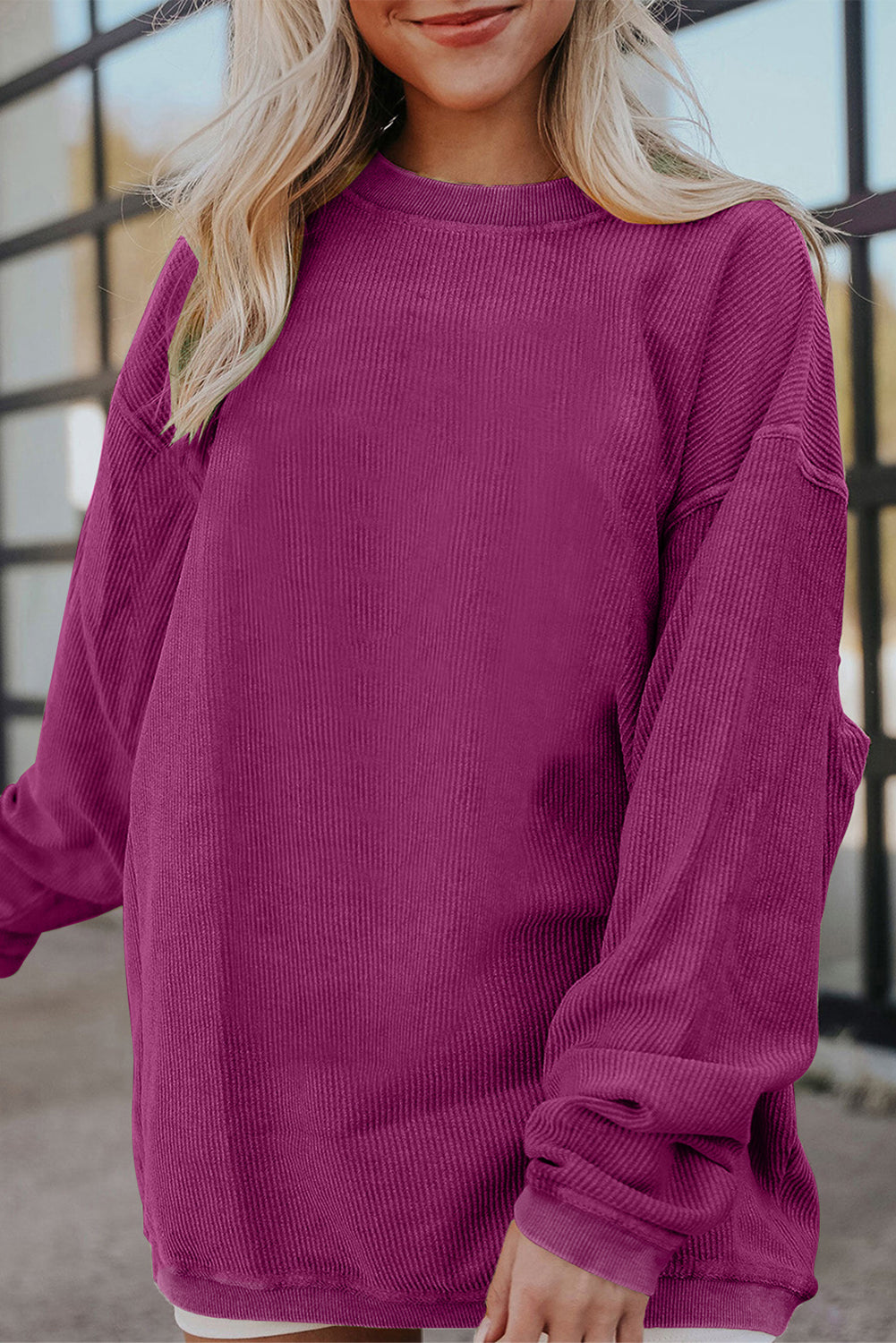 Strawberry Pink Ribbed Corduroy Oversized Sweatshirt