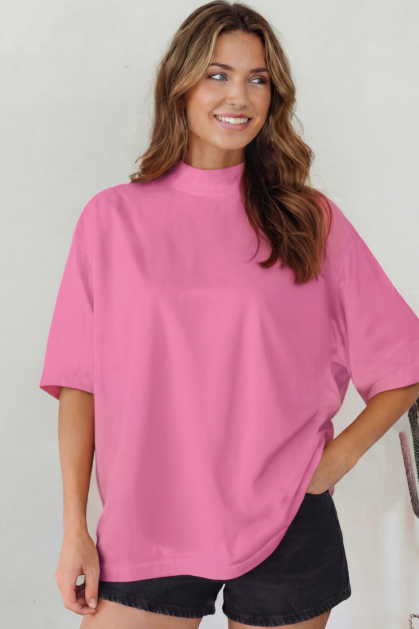 Black Solid Color High Neck Oversize Tee