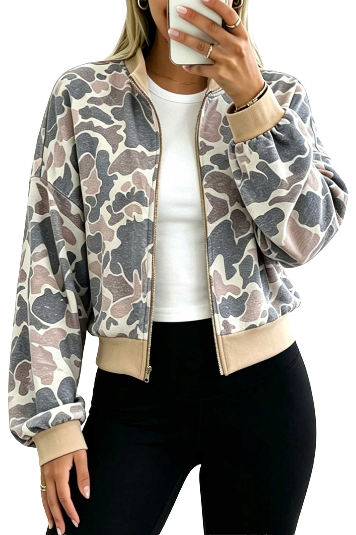 Multicolour Camouflage Print Color Block Trim Zip Bomber Sweatshirt