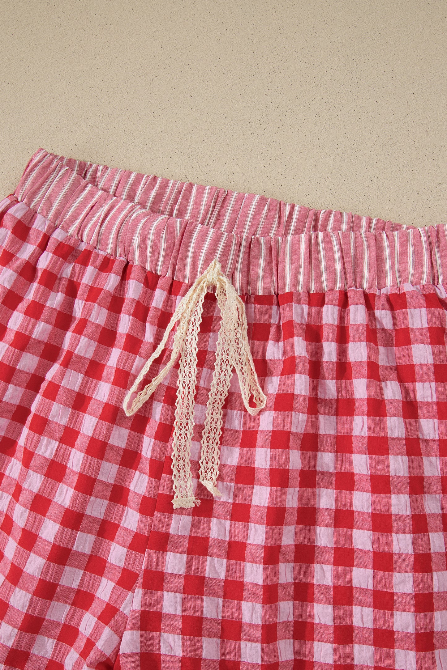 Sky Blue Gingham Print Ruffle Striped Detail Lace Tie Shorts