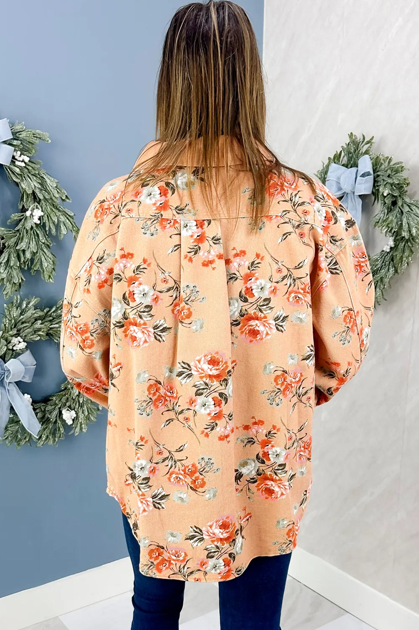 Khaki Floral Print Long Sleeve Denim Jacket Shift Silhouette Tunic Length Casual Daily Wear