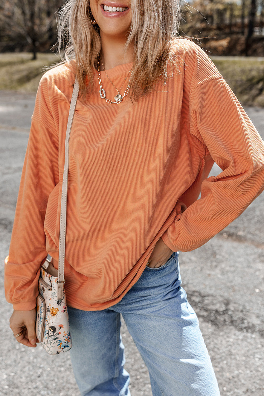 Strawberry Pink Ribbed Corduroy Oversized Sweatshirt