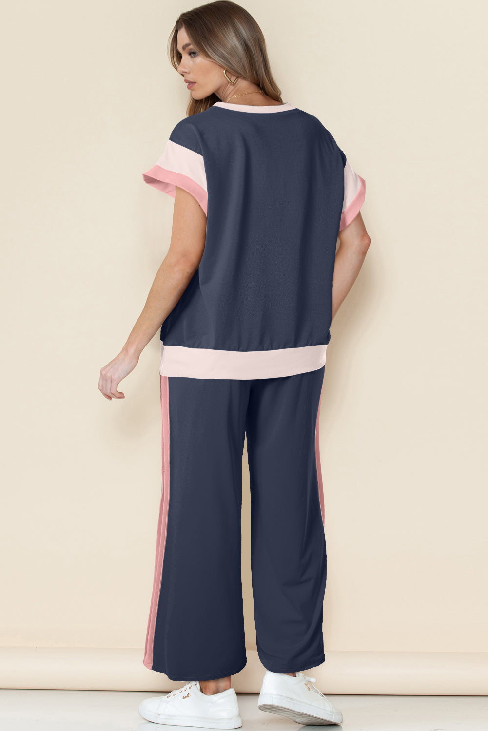 Strawberry Pink Color Block Detail Casual Two-piece Set