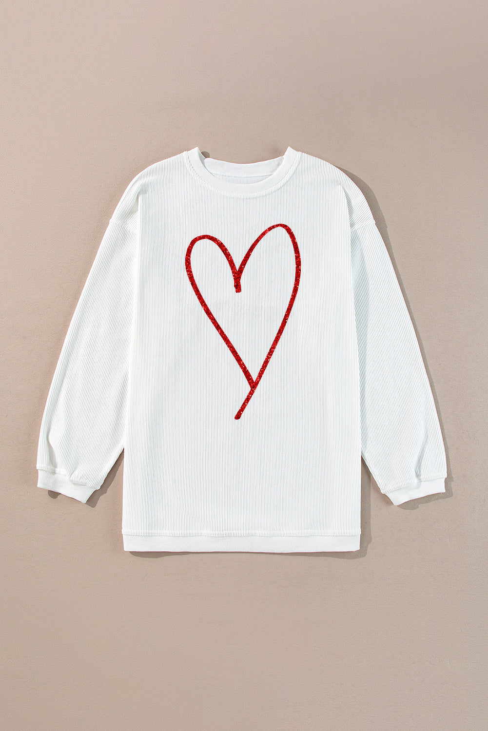 White Glittering Heart Printed Corded Valentines Pullover Sweatshirt