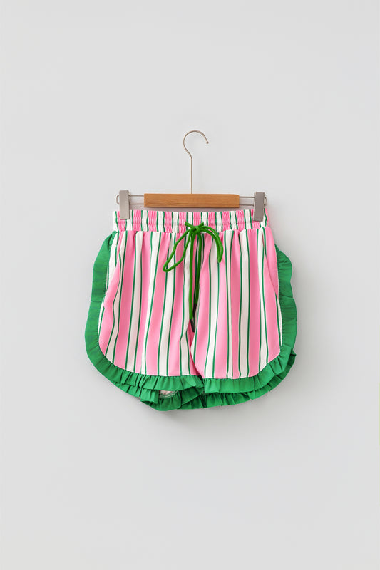 Pink Stripe Contrast Ruffle Trim Shorts