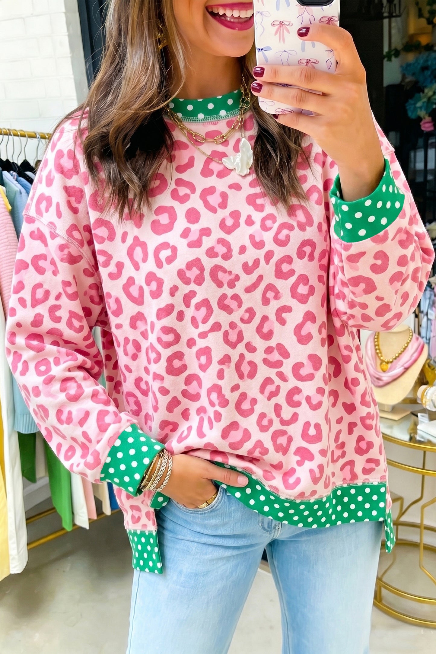 Pink Leopard Polka Dot Colorblock Trim Long Sleeve Top