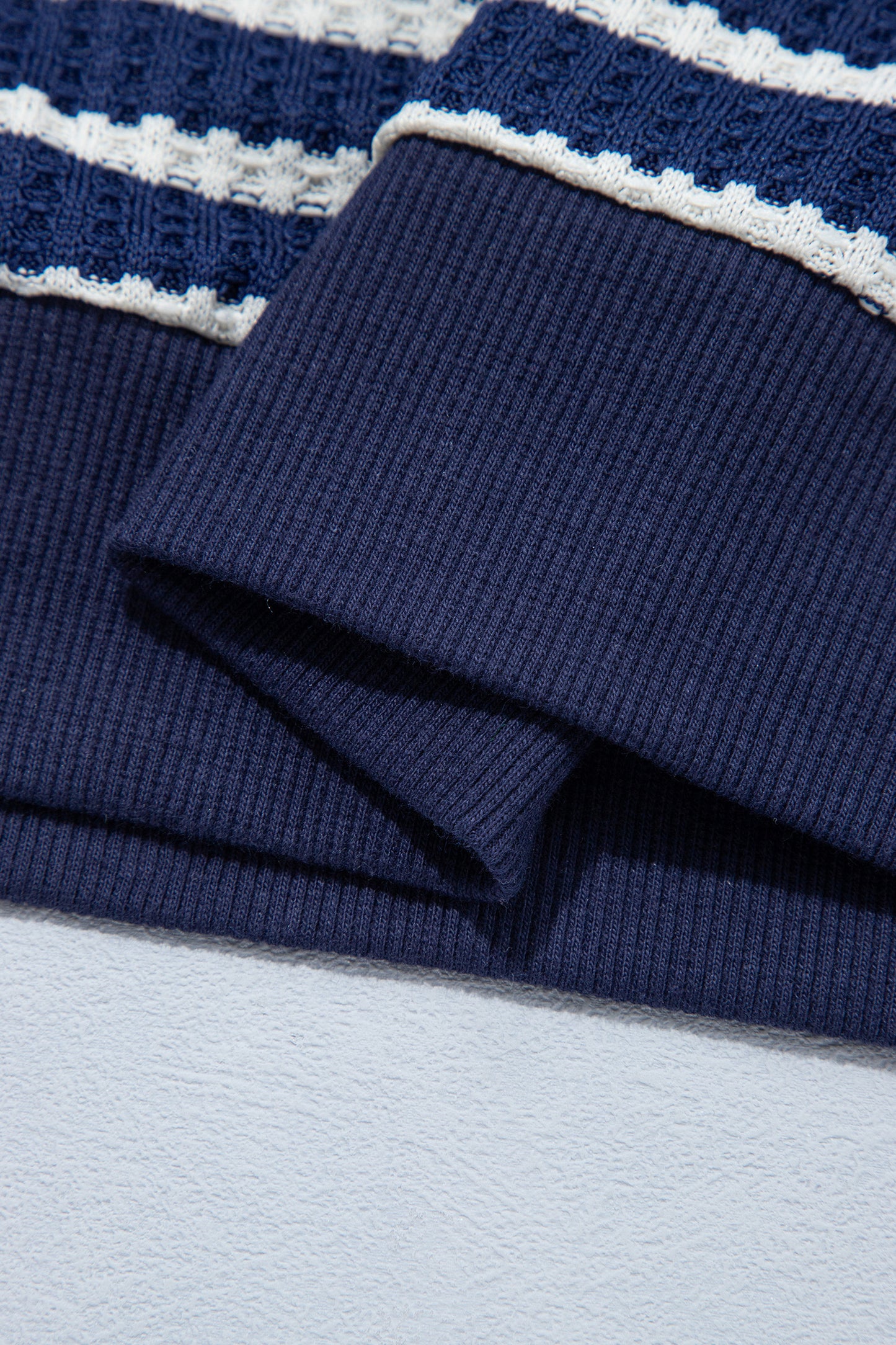 Blue Stripe Textured Knit Half Zip Collared Long Sleeve Top